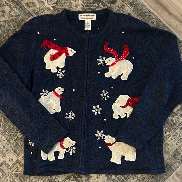 Heirloom Collectibles Sweaters - vintage heirloom Christmas collectibles 2004 polar bear necklace zip up sweater